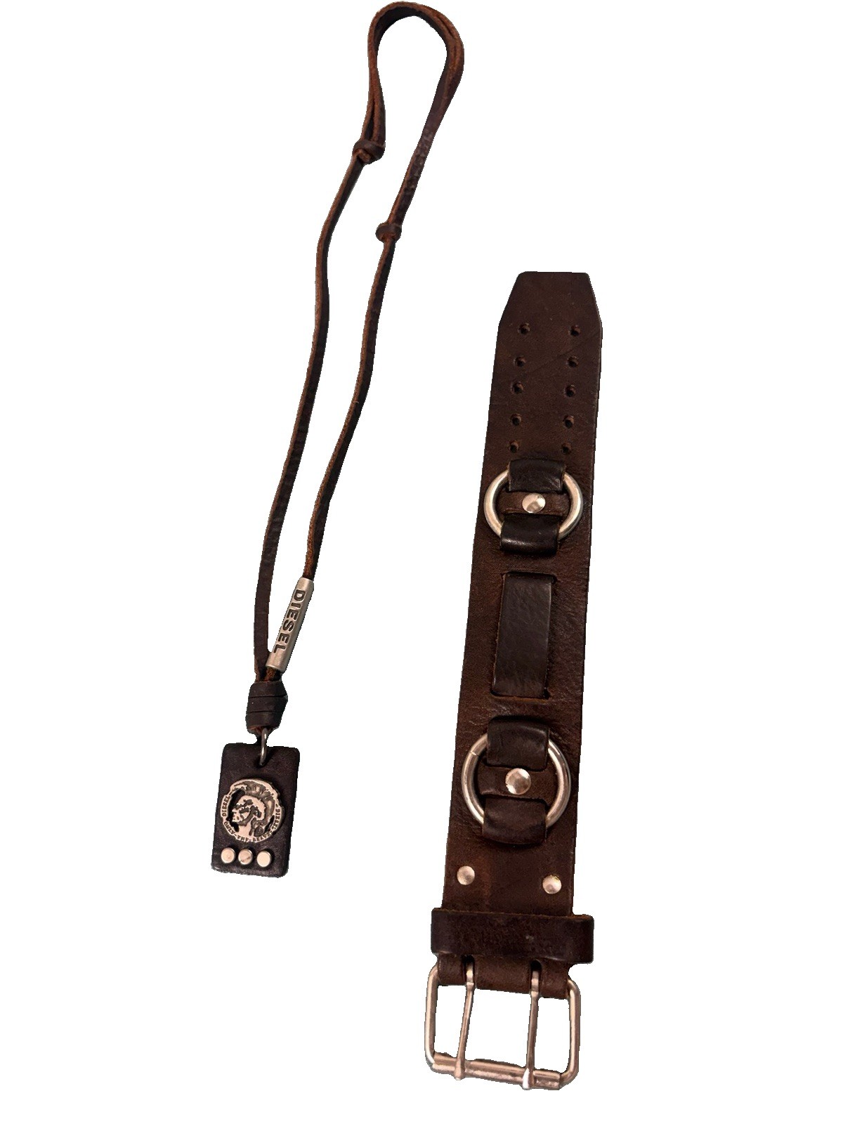 Diesel Vintage Mohawk Leather Necklace & Nemesis Wide Watch Cuff Bracelet Bundle