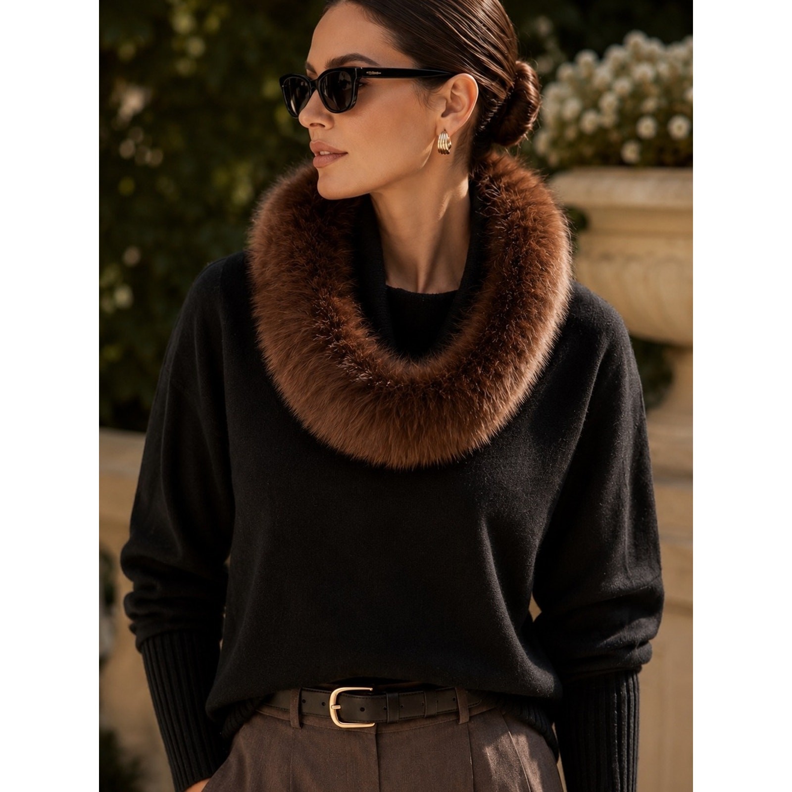 Saks Fifth Avenue 100% Cashmere Real Fox Fur Trim Sweater Poncho Black M