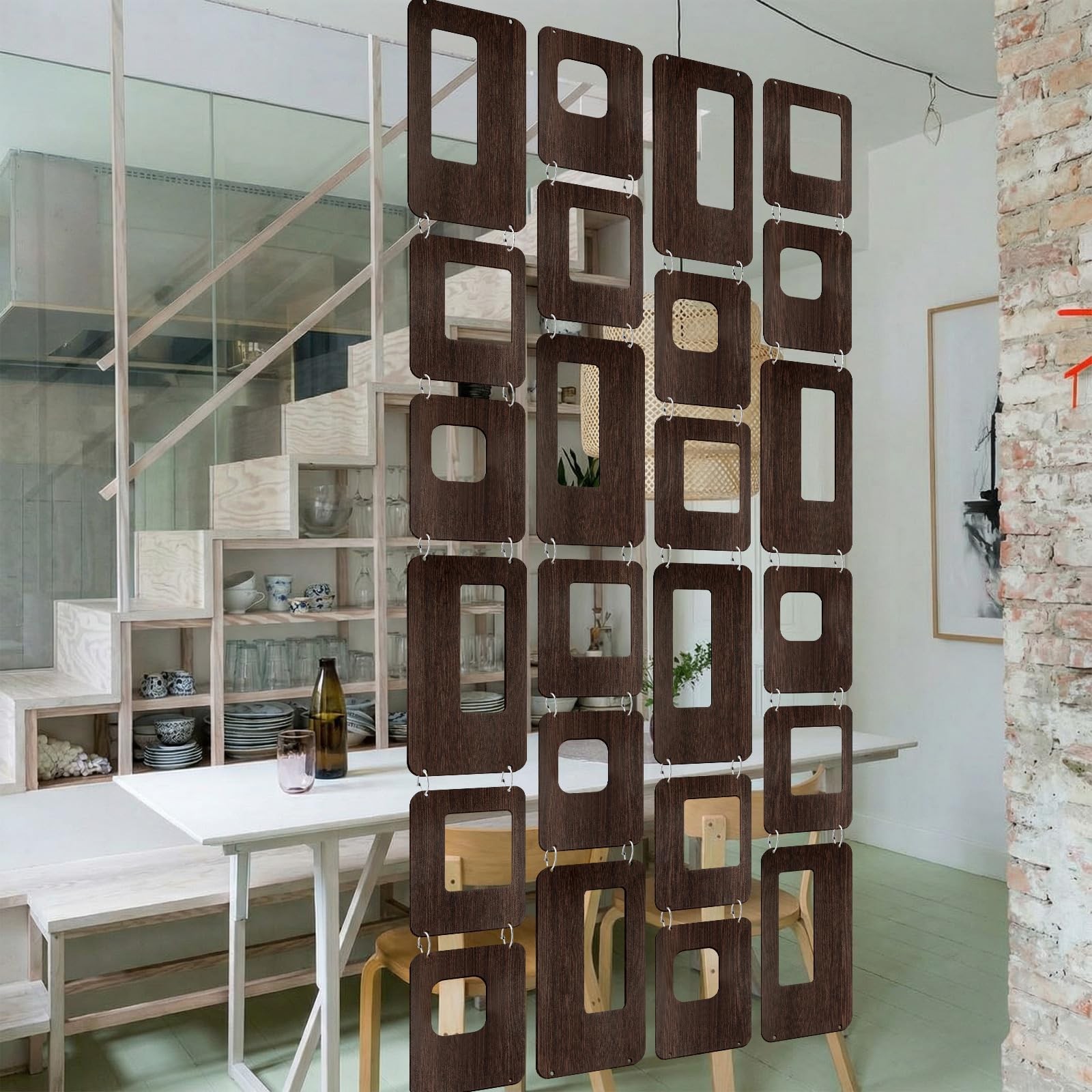 Thyle 4-String Mid-Century Modern Room Divider, Brown Wood Geometric Panels