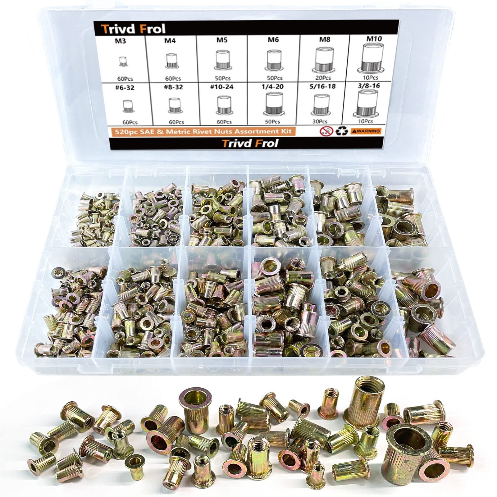 Trivd Frol 520PCS SAE & Metric Rivet Nut Kit, M3, M4, M5, M6, M8, M10, Brass Trivd Frol 520PCS SAE & Metric Rivet Nut Kit, M3, M4, M5, M6, M8, M10, Brass