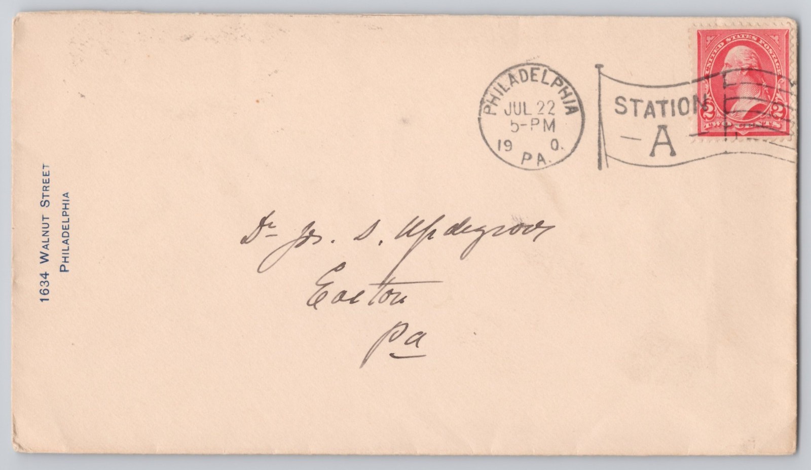 Philadelphia, PA 1634 Walnut Street imprint, Un, Stn A pmk 1900