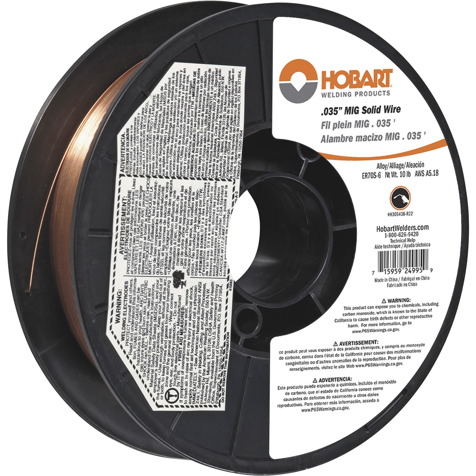 Hobart MIG Welding Wire, ER70S-6 Carbon Steel, .035in., 10-Lb. Spool, Model# Hobart MIG Welding Wire, ER70S-6 Carbon Steel, .035in., 10-Lb. Spool, Model#