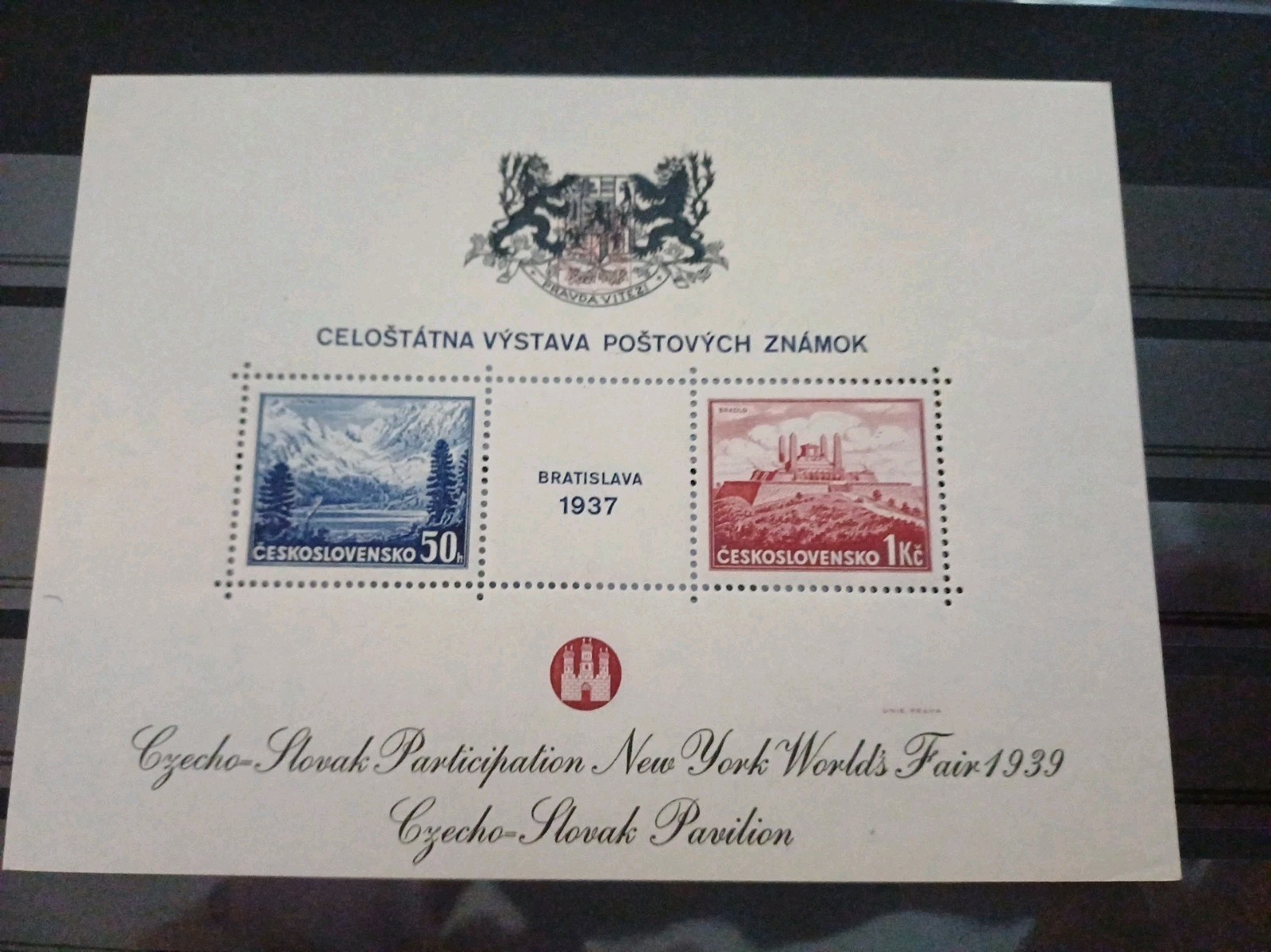 Czechoslovakia 1939 NY World\'s Fair Overprint on 1937 Bratislava Miniature Sheet