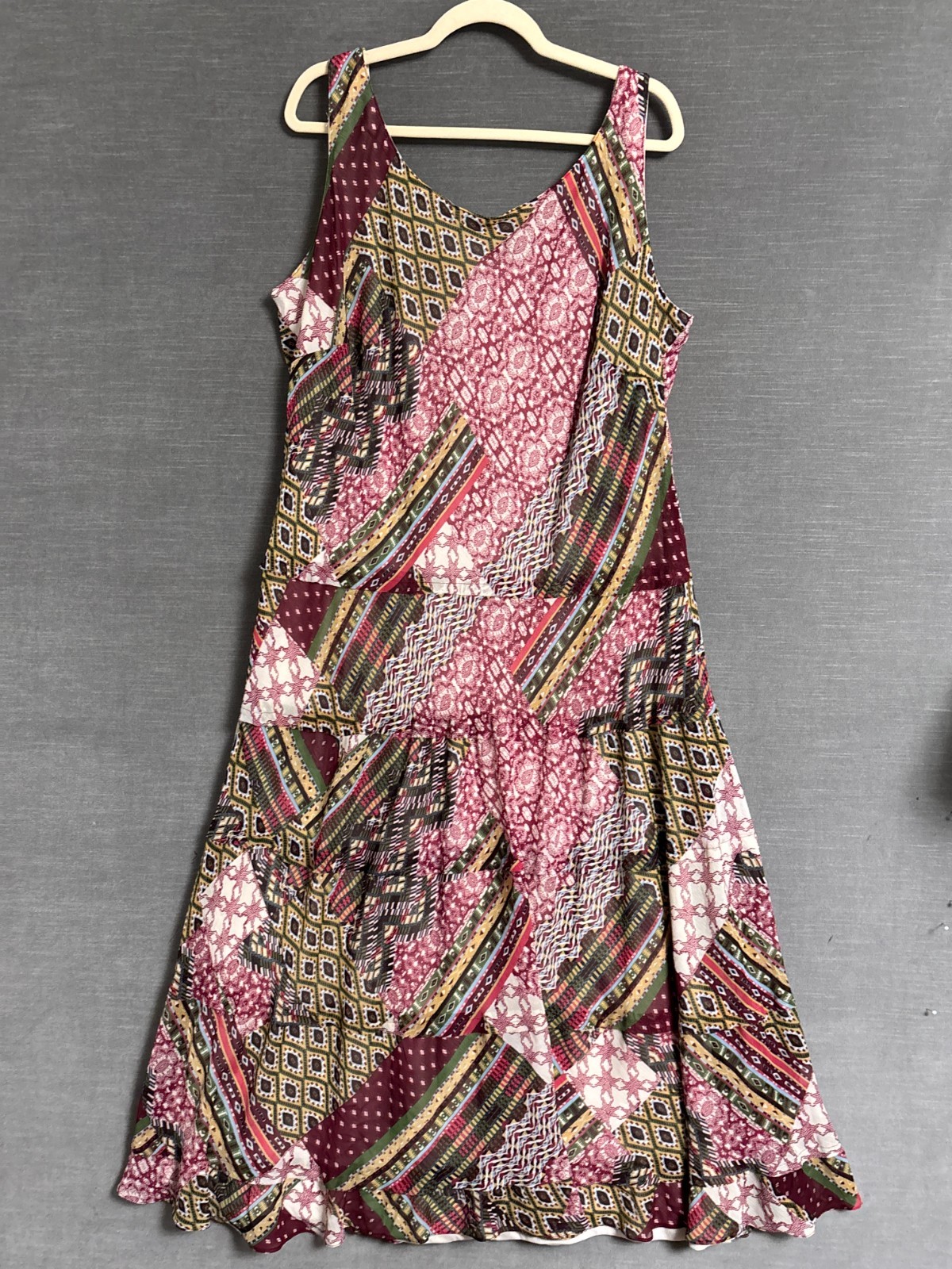 Vintage Jones Studio Dress 18W Red Green Patchwork Tiered Midi Drop Waist y2k