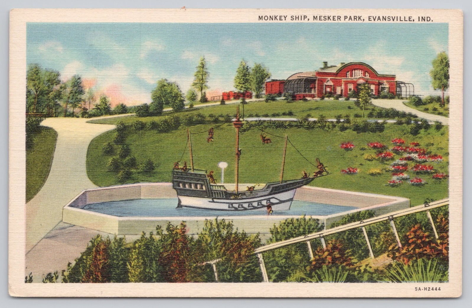 Postcard Indiana Evansville Mesker Park Monkey Ship 65R