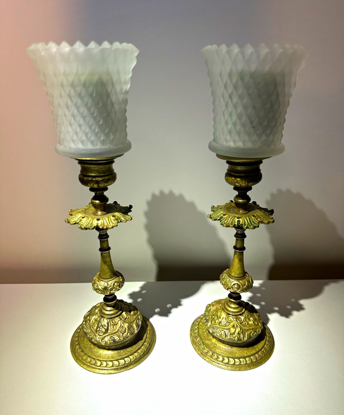 Antique Victorian Gilt Candlestick Pair with Votives
