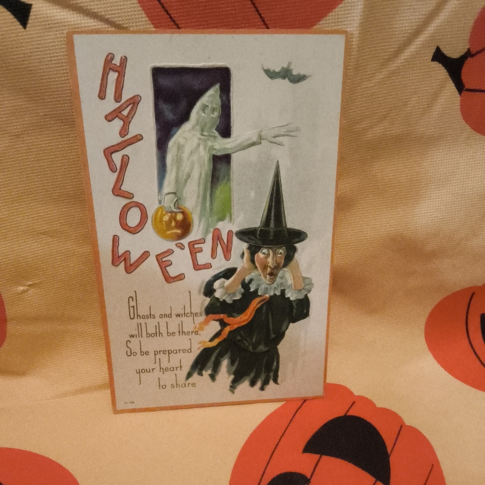 Antique Halloween Postcard Nash H-45 Witch Fortune Teller Black Cat Owl Creases