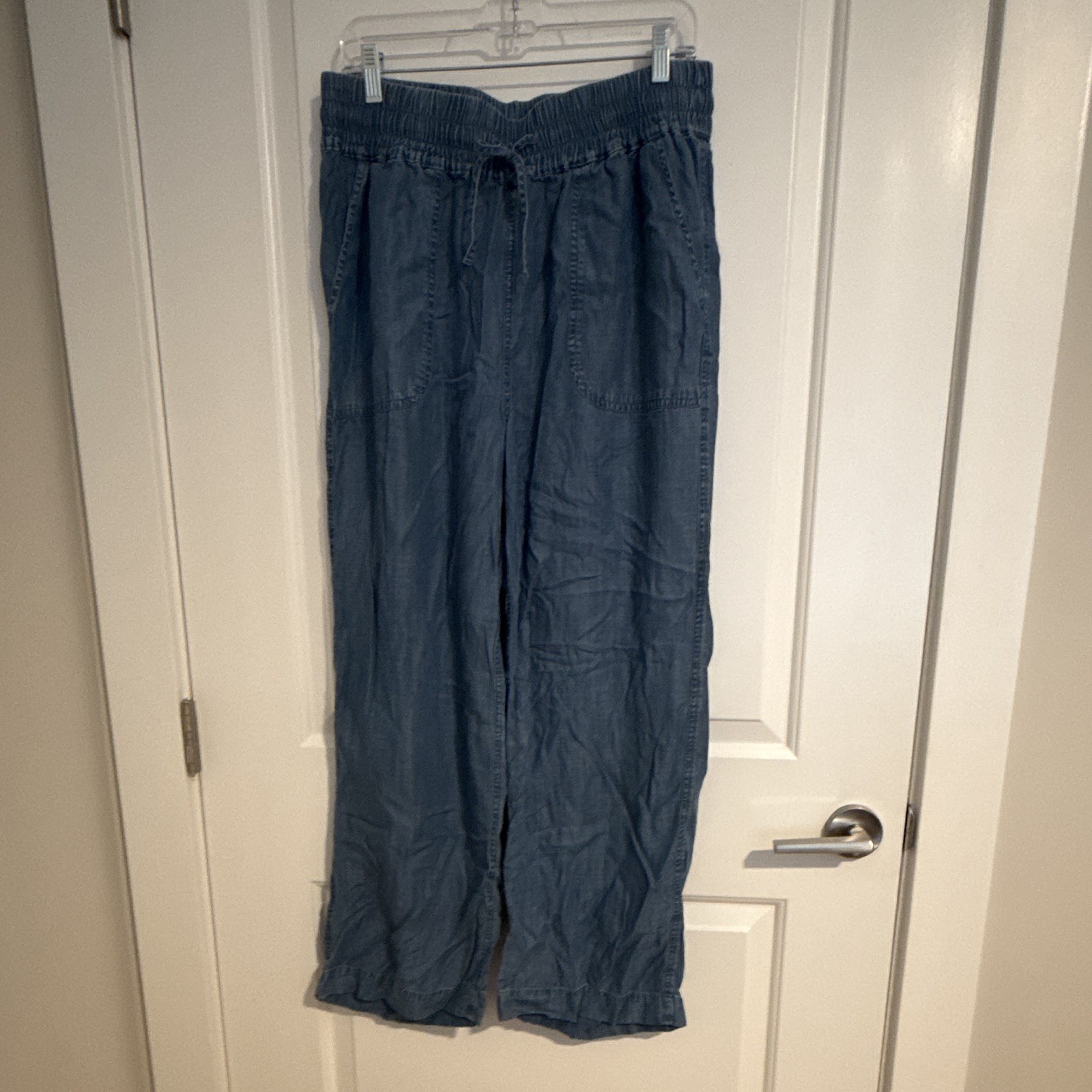 Quince Blue Wide-Leg Pants High Rise Elastic Waist Drawstring Pockets L Quince Blue Wide-Leg Pants High Rise Elastic Waist Drawstring Pockets L