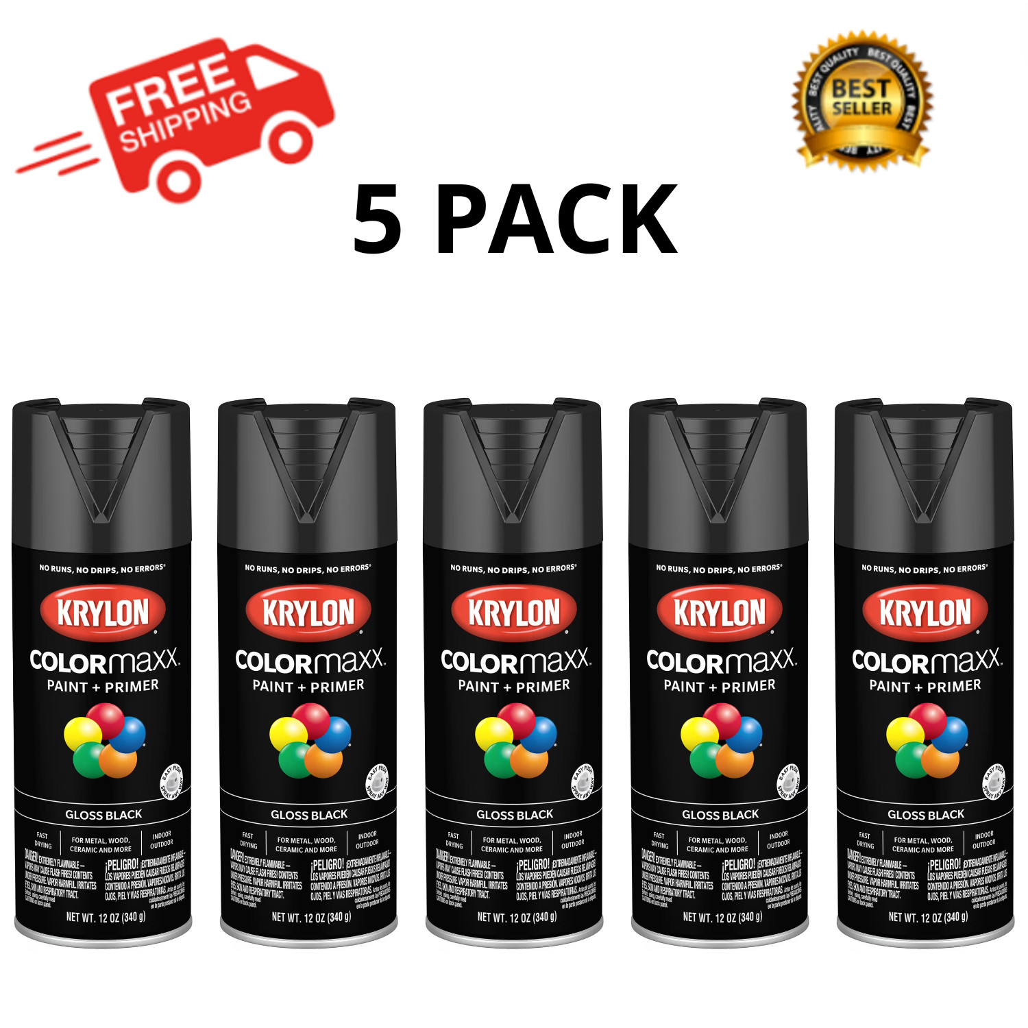 Krylon COLORmaxx Gloss Black Spray Paint and Primer, 12 oz, 5 Pack