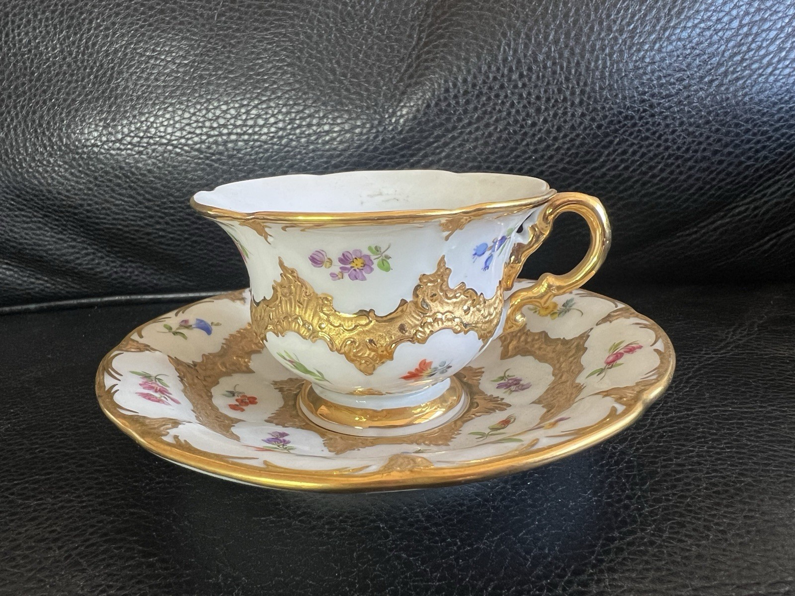 Antique Meissen B-Form Demi Cup/Saucer in Gold Decor, Multicolor Strewn Flowers Antique Meissen B-Form Demi Cup/Saucer in Gold Decor, Multicolor Strewn Flowers