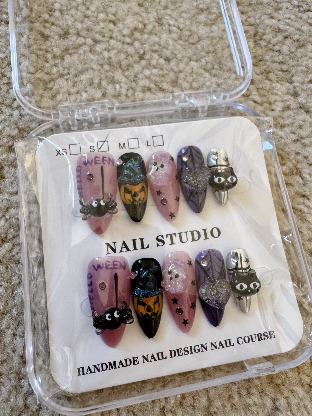 Halloween 3D Handmade Press On Nails Hand Painted Spider Pumpkin Black Cat