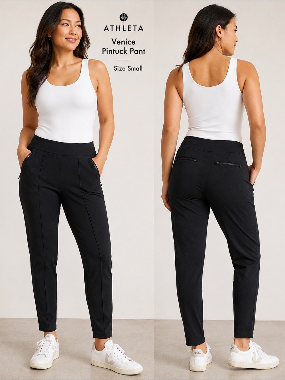 Athleta Venice Pintuck Pants Black Stretch Zip Pockets Size Small S
