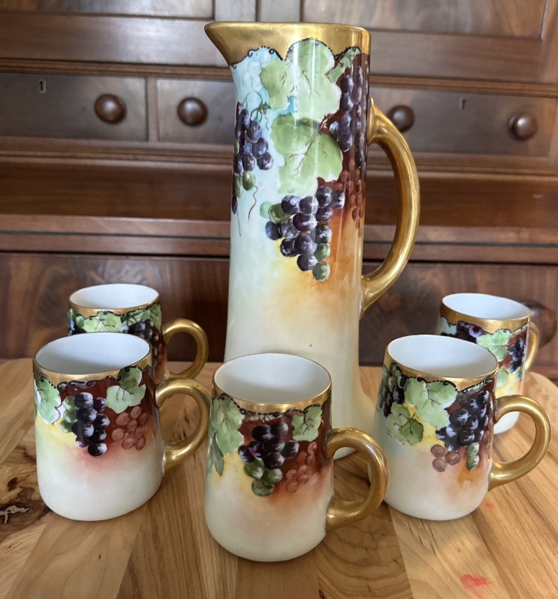 Antique J.P.L. France Jean Pouyat Limoges Hand Painted Grape Pitcher 5 Cups Set