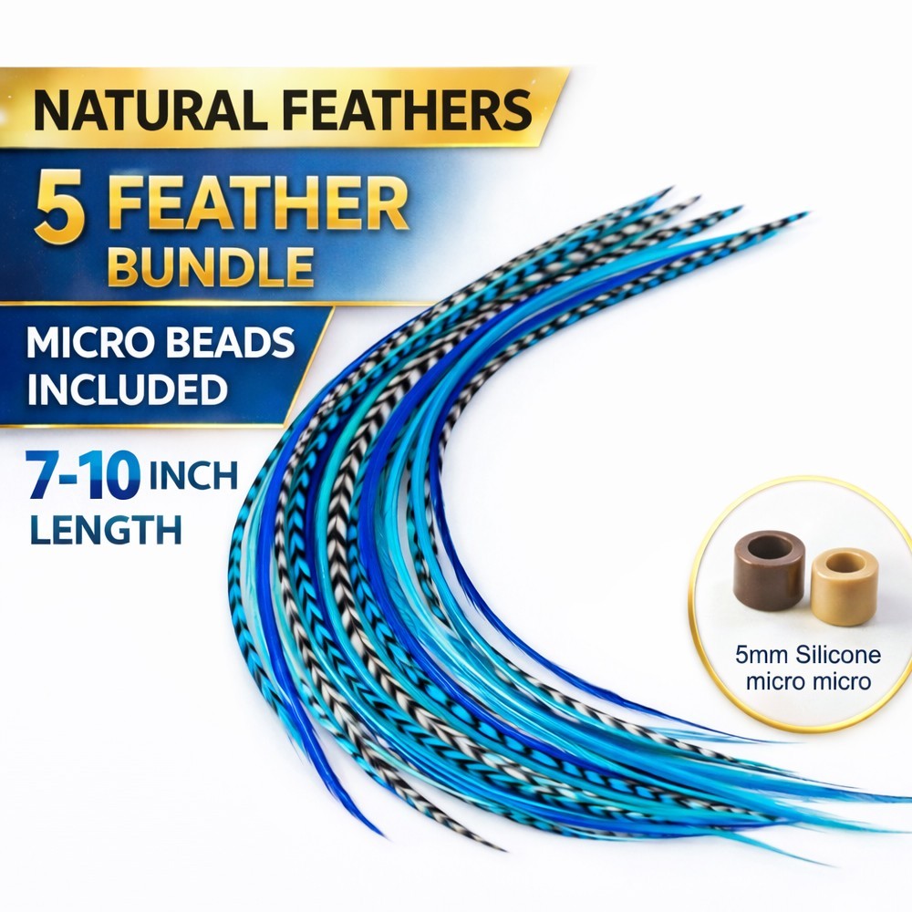 Five Feathers 7-10 Inch long Beautiful Ocean Blue Feathers Bonded At the Tip for