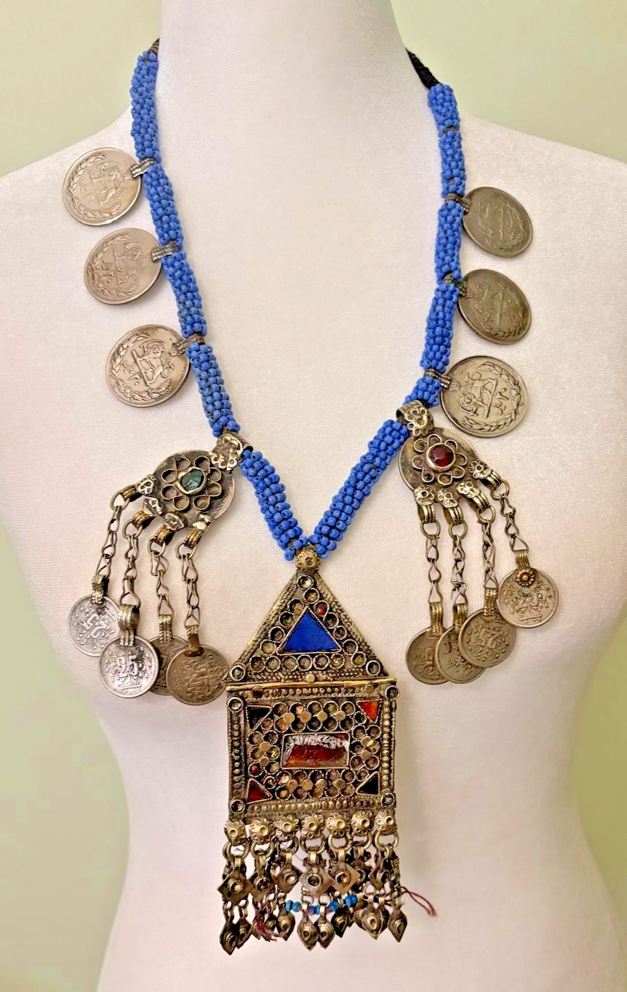 Vintage  Tribal   Necklace with 6 Coins on a Bead string and central pendant 16\