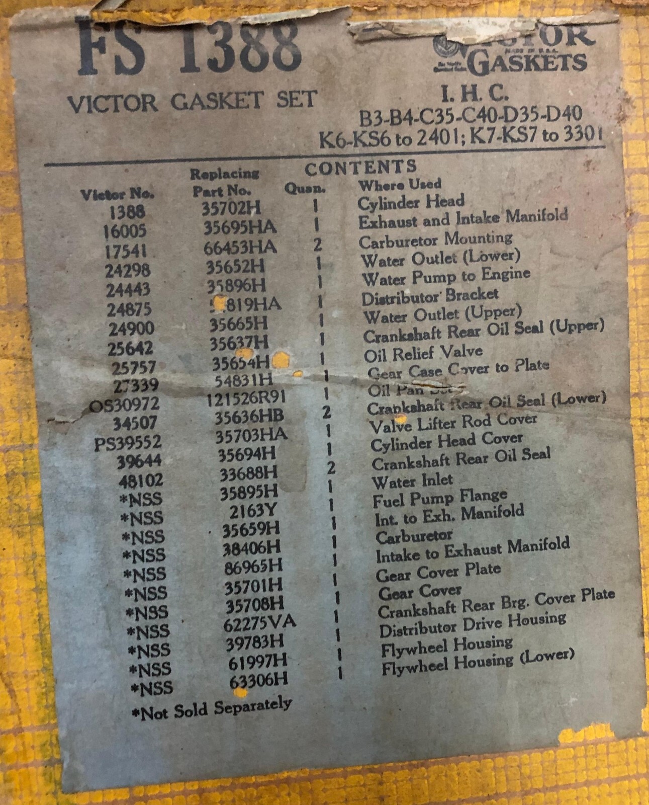 Cyl HEAD GASKET SET FS1388 VICTOR FOR IHC INTERNATIONAL B3-B4-C35-K6-KS6-K7-KS7