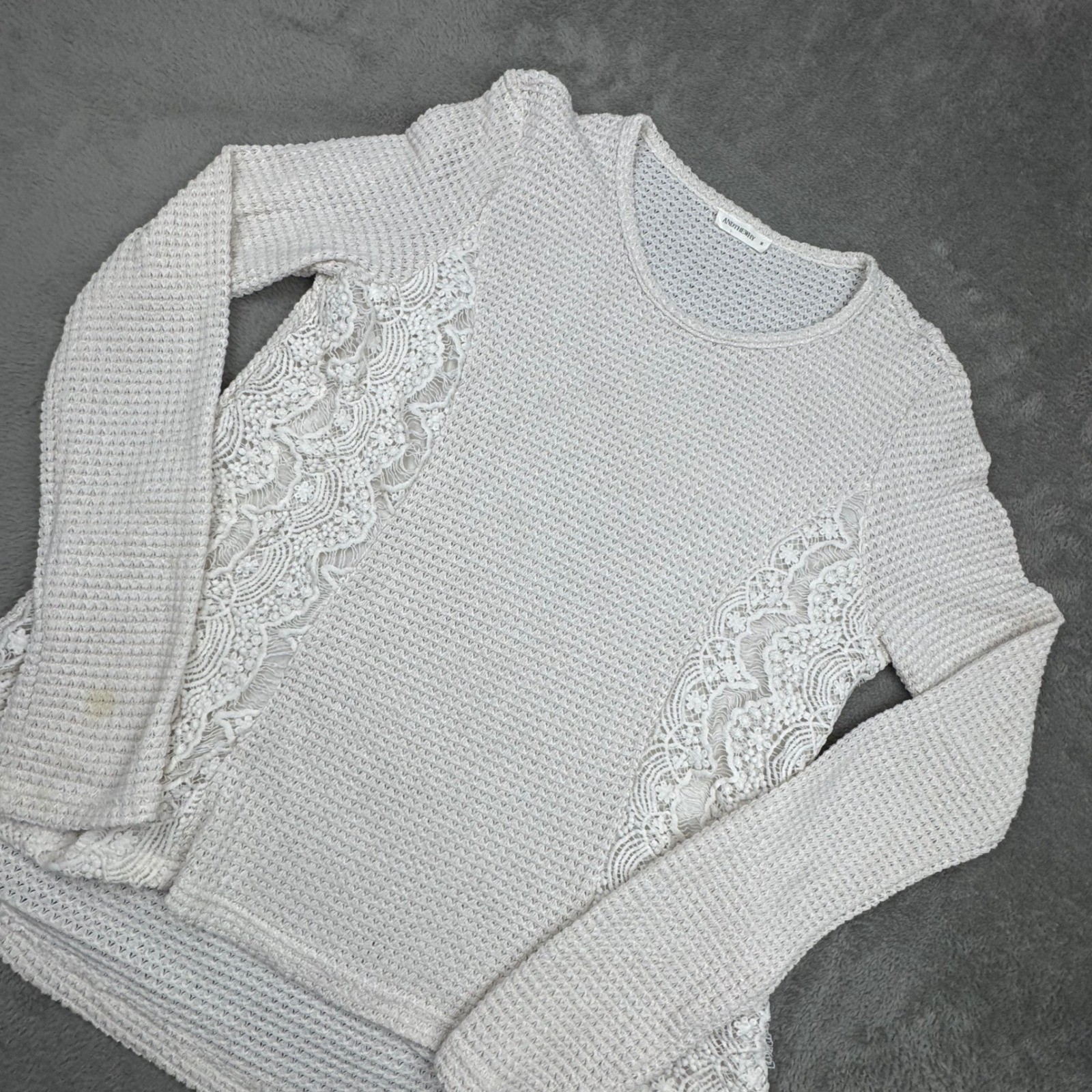 ANDTHEWHY Waffle Knit Sweater Womens Medium Cream Good Lace Boho Y2K Top