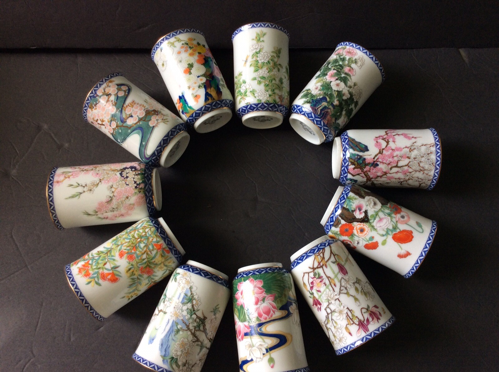 Sake/Teacups Franklin Porcelain Vintage 1981 11pcs Months of the Year Japan