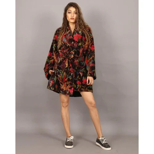 Velvet Short Kimono Jacket Luxury Floral Bird Print Boho Mini Length Robe OS