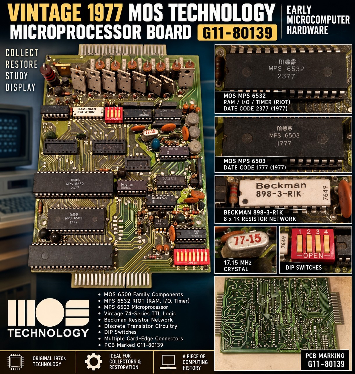 Vintage 1977 MOS Technology 6503 6532 RIOT Microprocessor PCB G11-80139