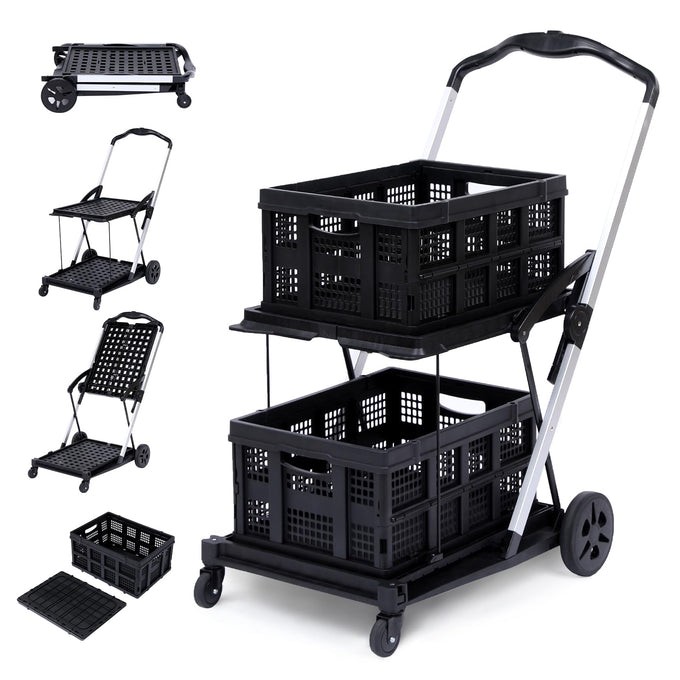 Garvee 2 Tier Folding Shopping Cart, Portable Rolling with Swivel Wheels
