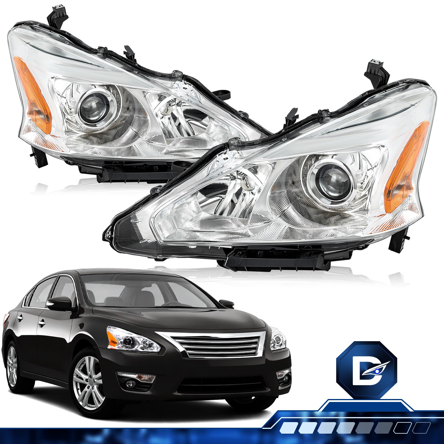 For 2013 2014 2015 Nissan Altima Sedan Halogen Chrome Headlights Headlamps Pair
