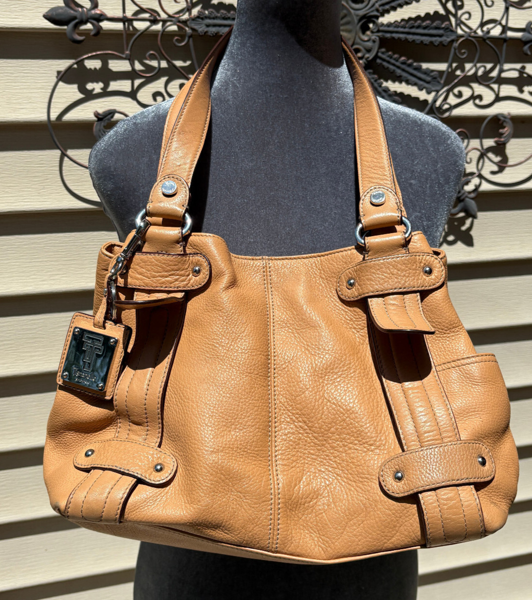 Genuine Tignanello Camel Tan Leather Handbag Purse w/ Charm & Clean Lining