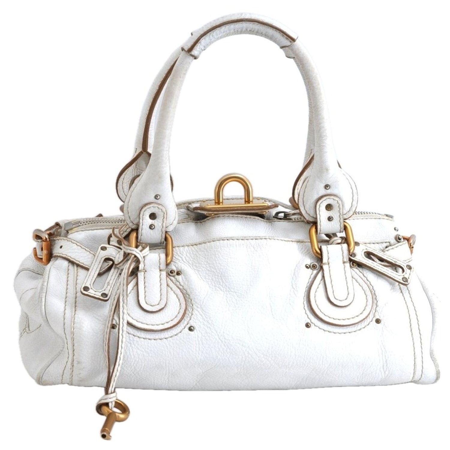 Authentic Chloe Paddington Leather Shoulder Hand Bag White AD537