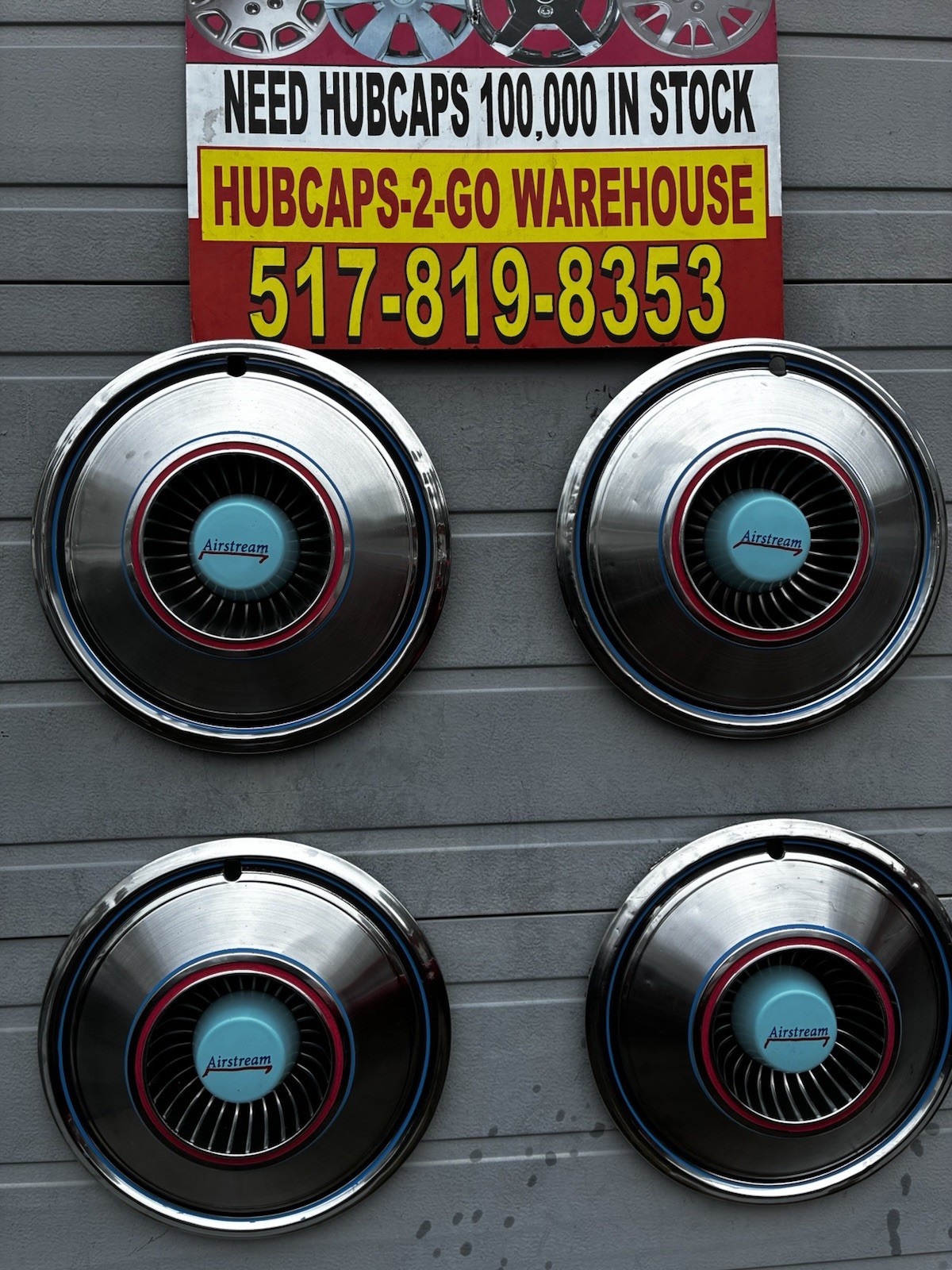 Airstream 15” Set 4 Hubcaps Full Wheel covers Used 1958-84 Blue Accent Stainless