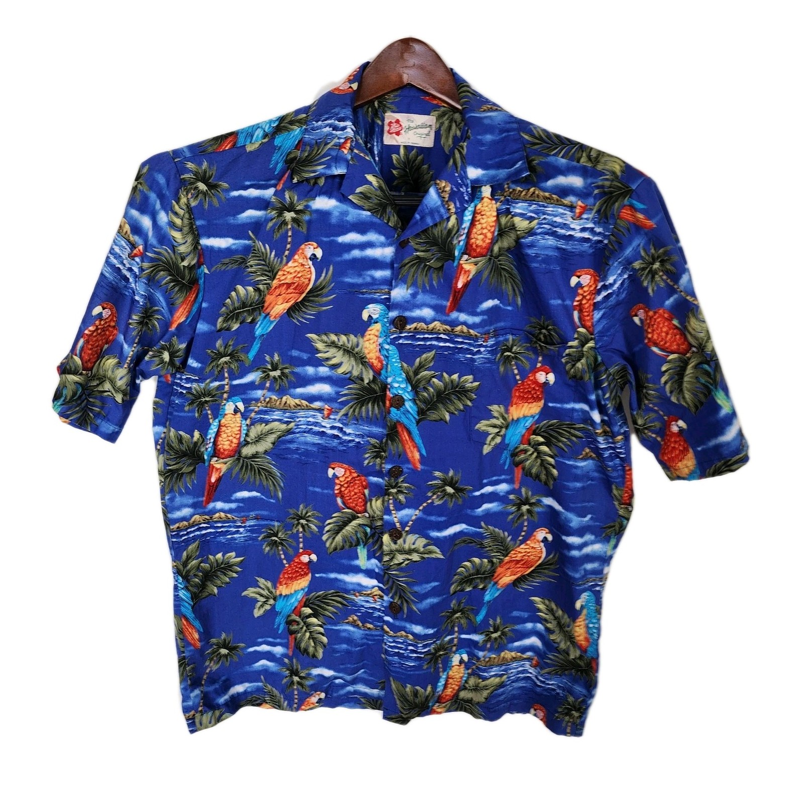 VTG 90s Hilo Hattie Hawaiian Shirt Mens M Blue Parrot Macaw Tropical Made in USA
