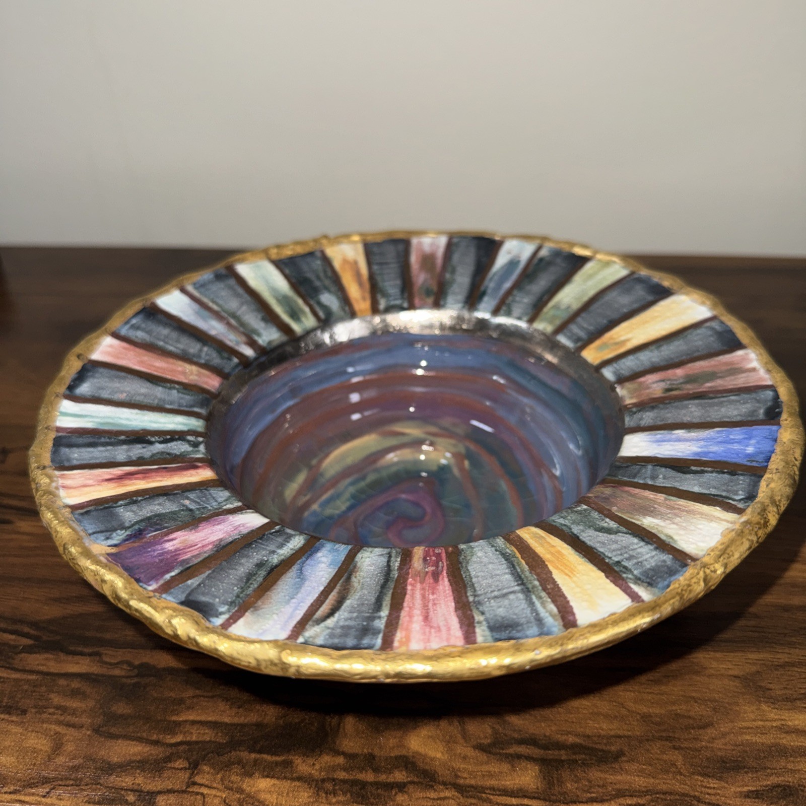 Rare MacKenzie-Childs Evervolving Pottery Bowl Hand-Painted Gold Rim Signed