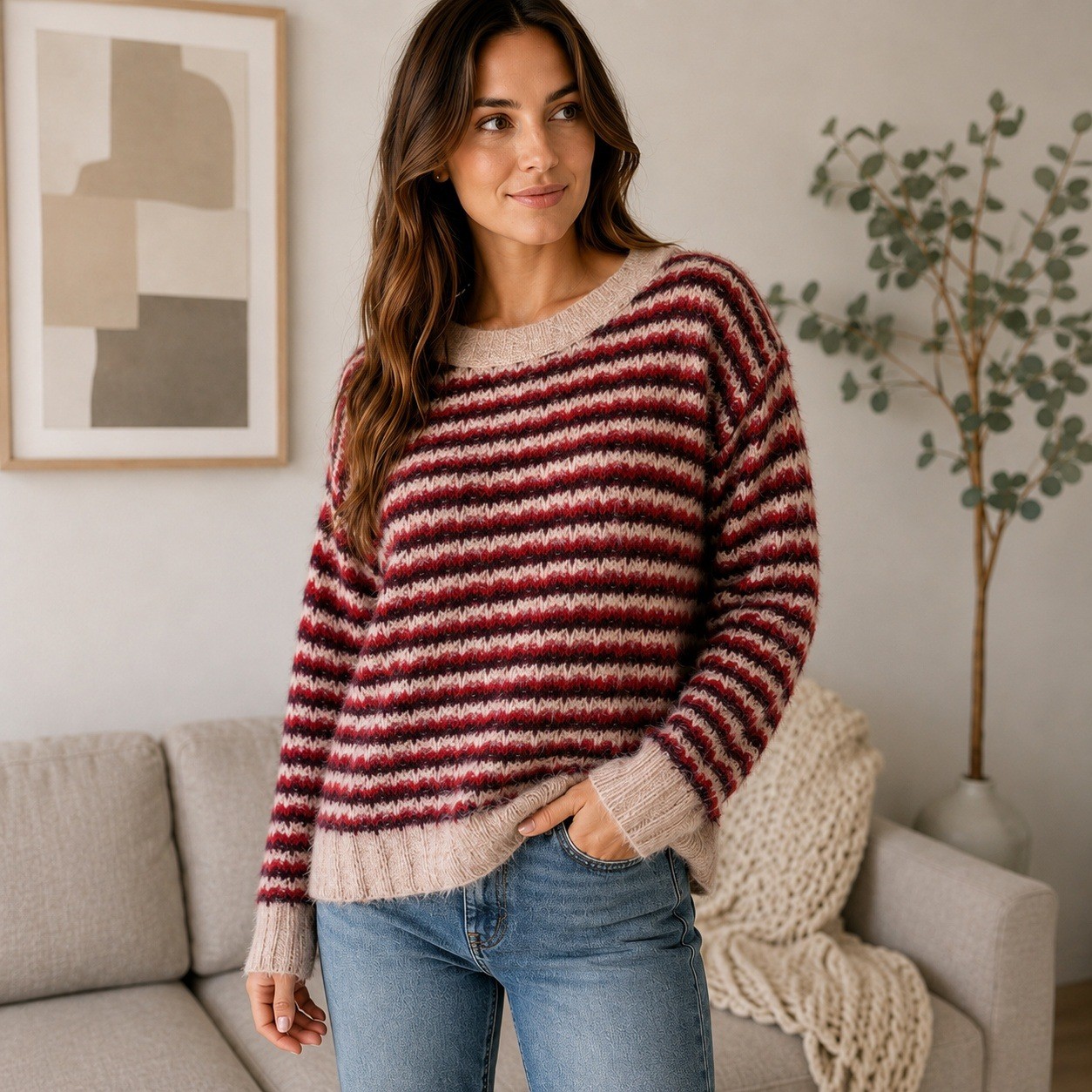 Theory Alpaca Blend Striped Sweater Womens L Fuzzy Crewneck Knit Pullover
