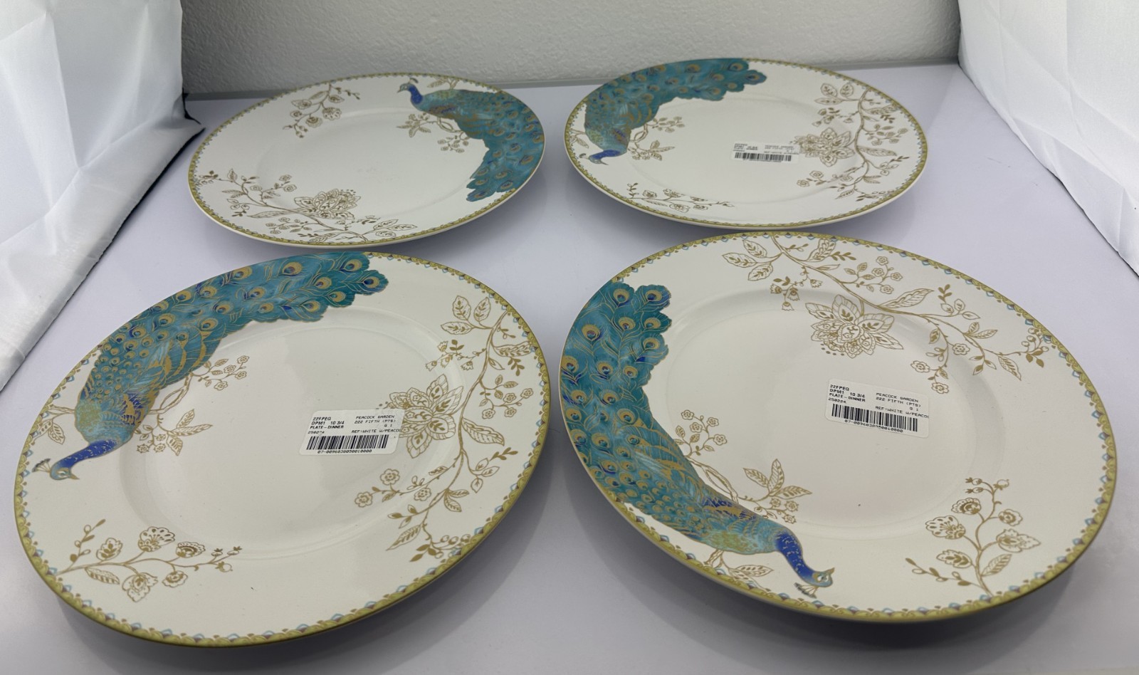 Set of 4 222 Fifth Peacock Garden Dinner Plates 10.75\'\' White with peacock