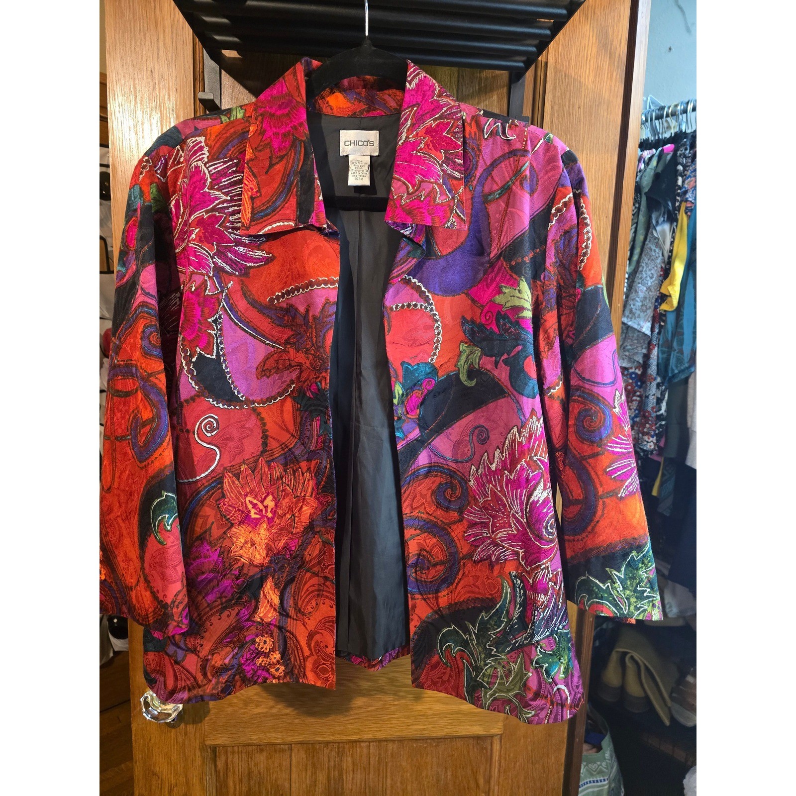 Chico\'s Size 2 Multicolor Cotton Silk Open Front 3/4 Sleeve Blazer Jacket L