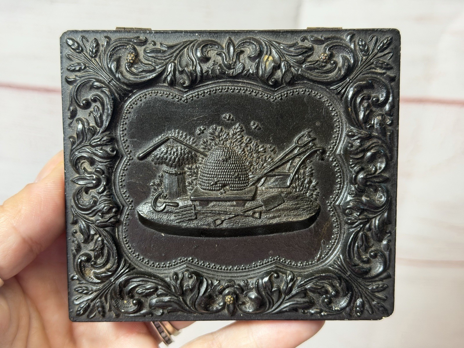 Antique Late 1800's Ambrotype Couple Photo Union Case Garden Tools Farming Motif Antique Late 1800's Ambrotype Couple Photo Union Case Garden Tools Farming Motif