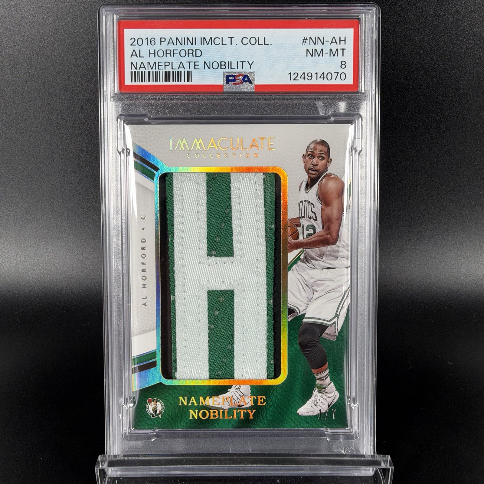 Al Horford 2016 Panini Immaculate Game Worn Nameplate Nobility H Patch 1/7 PSA 8