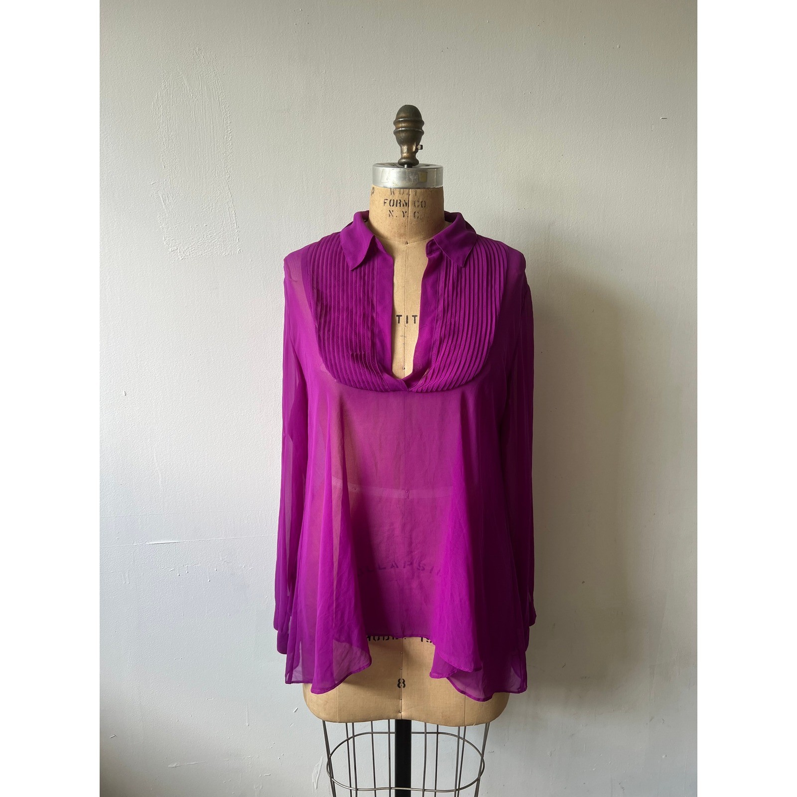 Free People Magenta Sheer Pleated Bib V-Neck Blouse Purple Long Sleeve Small