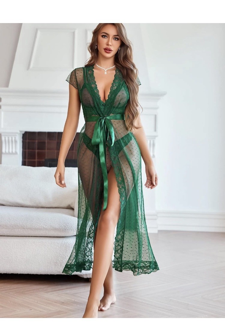 Women Sexy Lingerie 3 Piece Set Sheer Polka Dot Lace Robe with Bra and Panty Women Sexy Lingerie 3 Piece Set Sheer Polka Dot Lace Robe with Bra and Panty