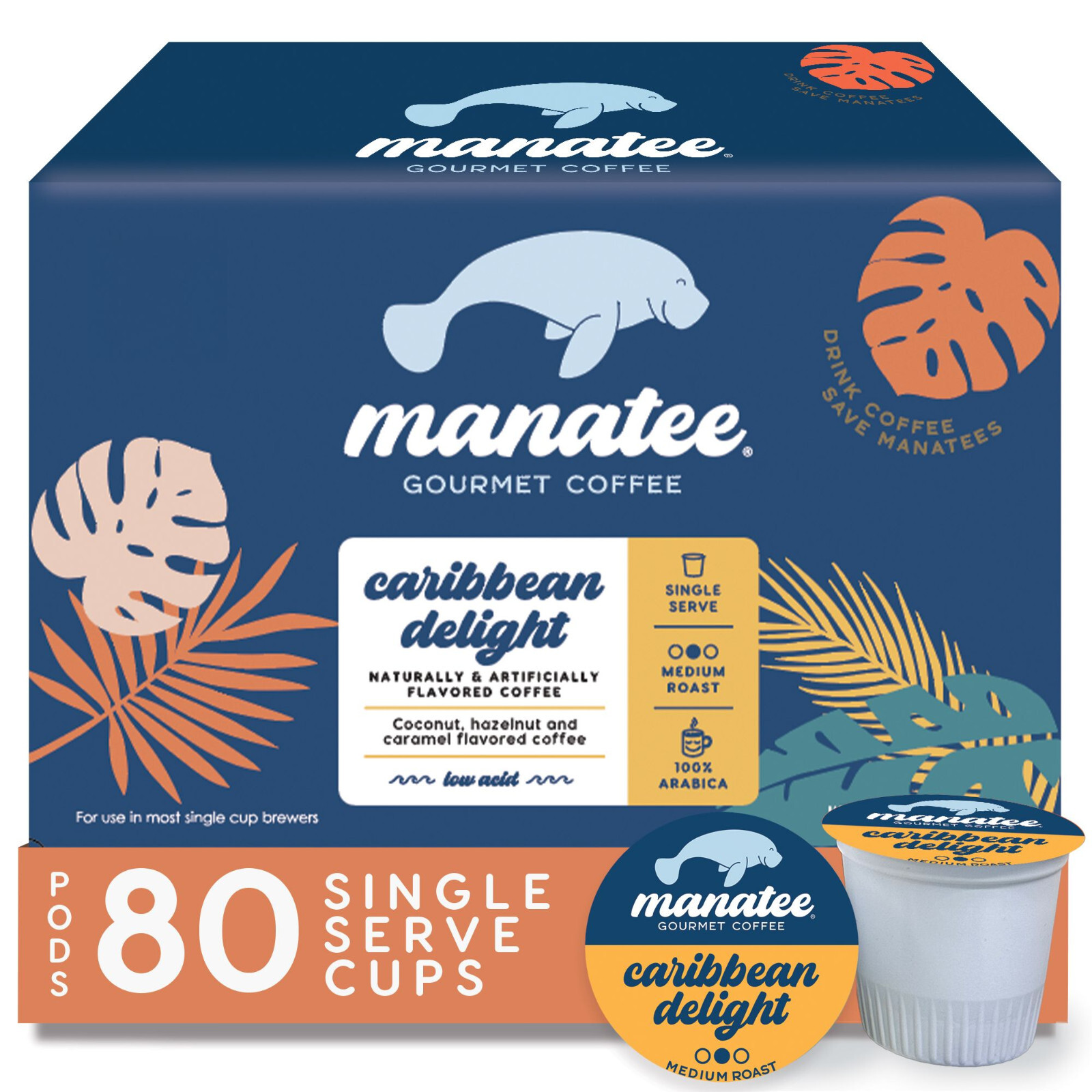 MANATEE GOURMET COFFEE SINGLE CUPS, CARIBBEAN DELIGHT, MEDIUM ROAST, 80 COUNT MANATEE GOURMET COFFEE SINGLE CUPS, CARIBBEAN DELIGHT, MEDIUM ROAST, 80 COUNT