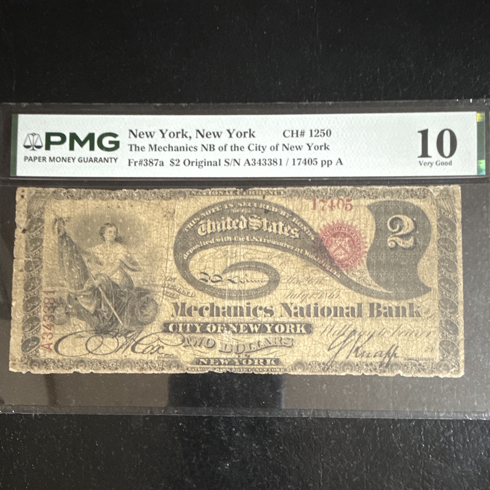 1865 $2 National Bank Note Mechanics National Bank New York PMG 10 Apparent