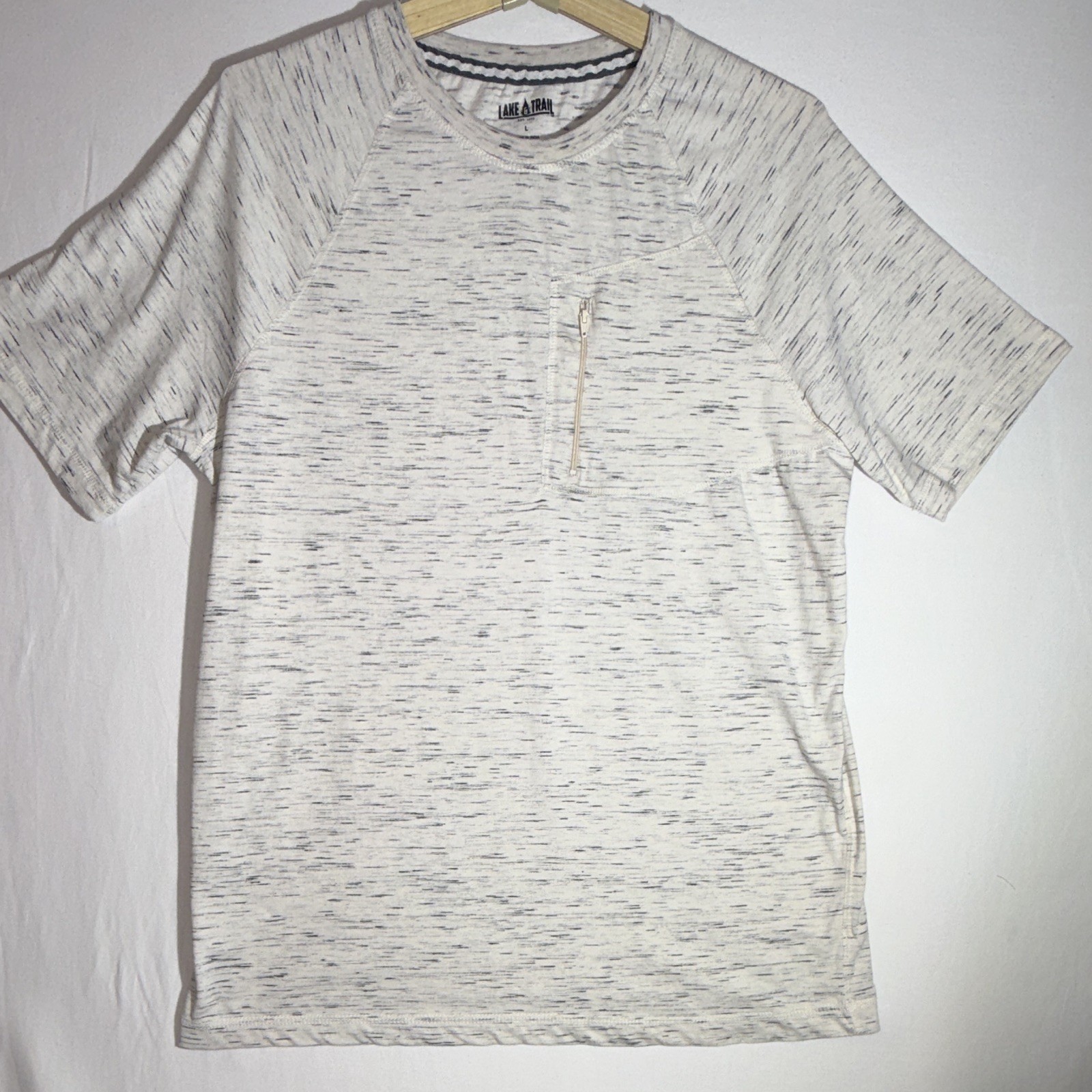 Lake & Trail Men\'s Heathered White/Gray Crew Neck Zip Pocket T-Shirt L