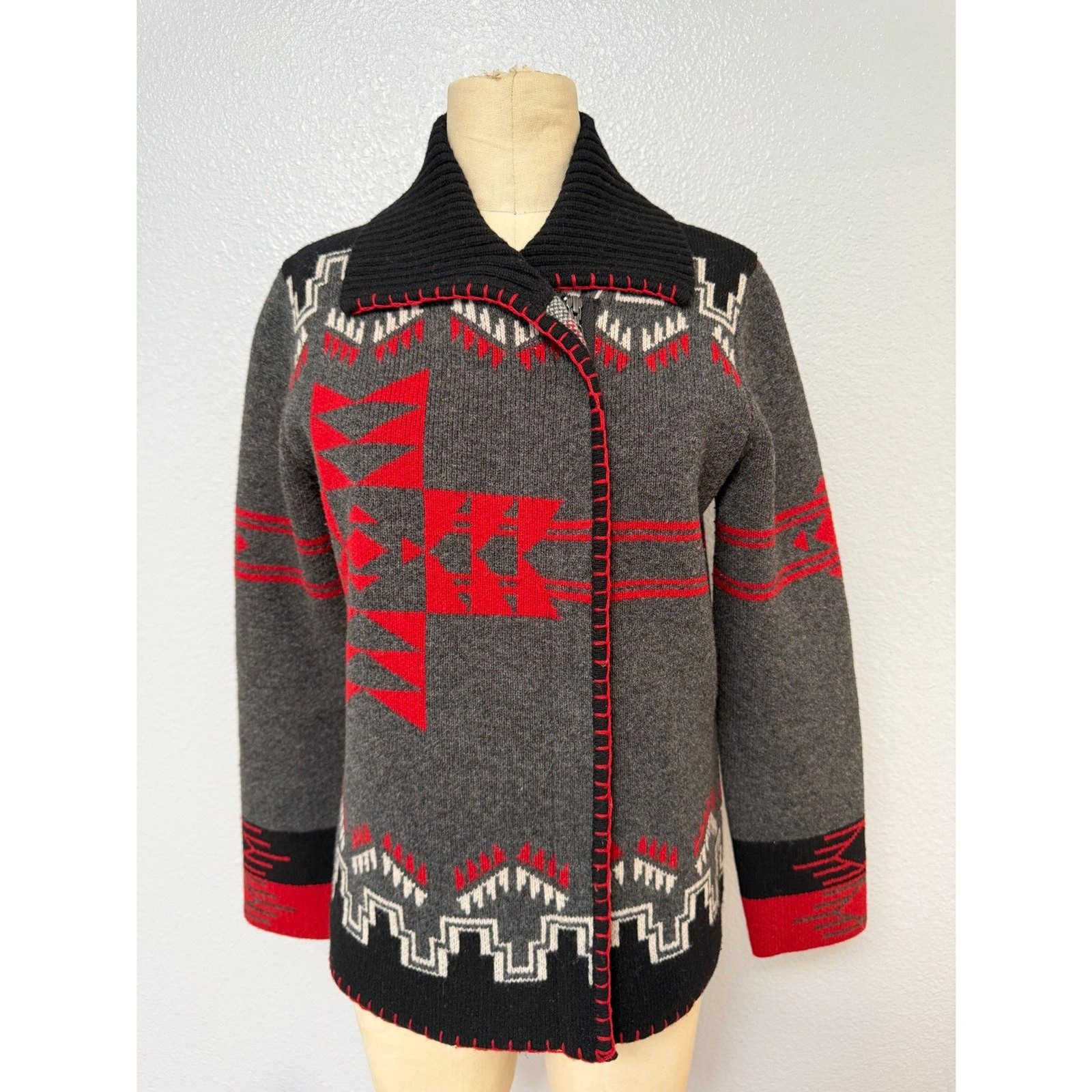 Vintage 80s Pendleton Folk Art Southwestern Sweater Jacket Heavy Knit Cardigan