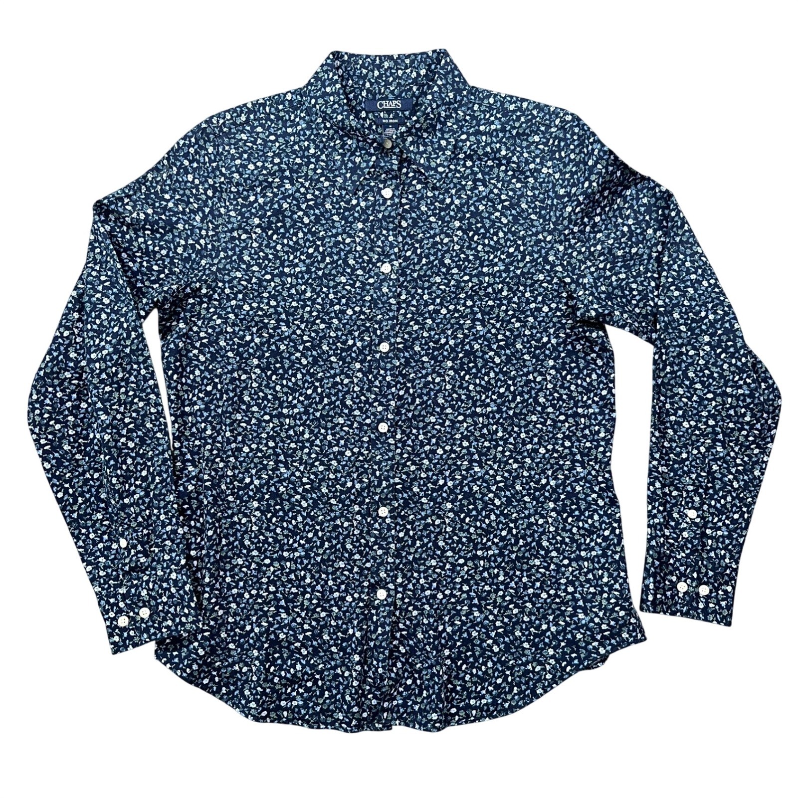 Chaps Button Down Shirt Womens M Blue Floral Ditsy Print Cottagecore Preppy