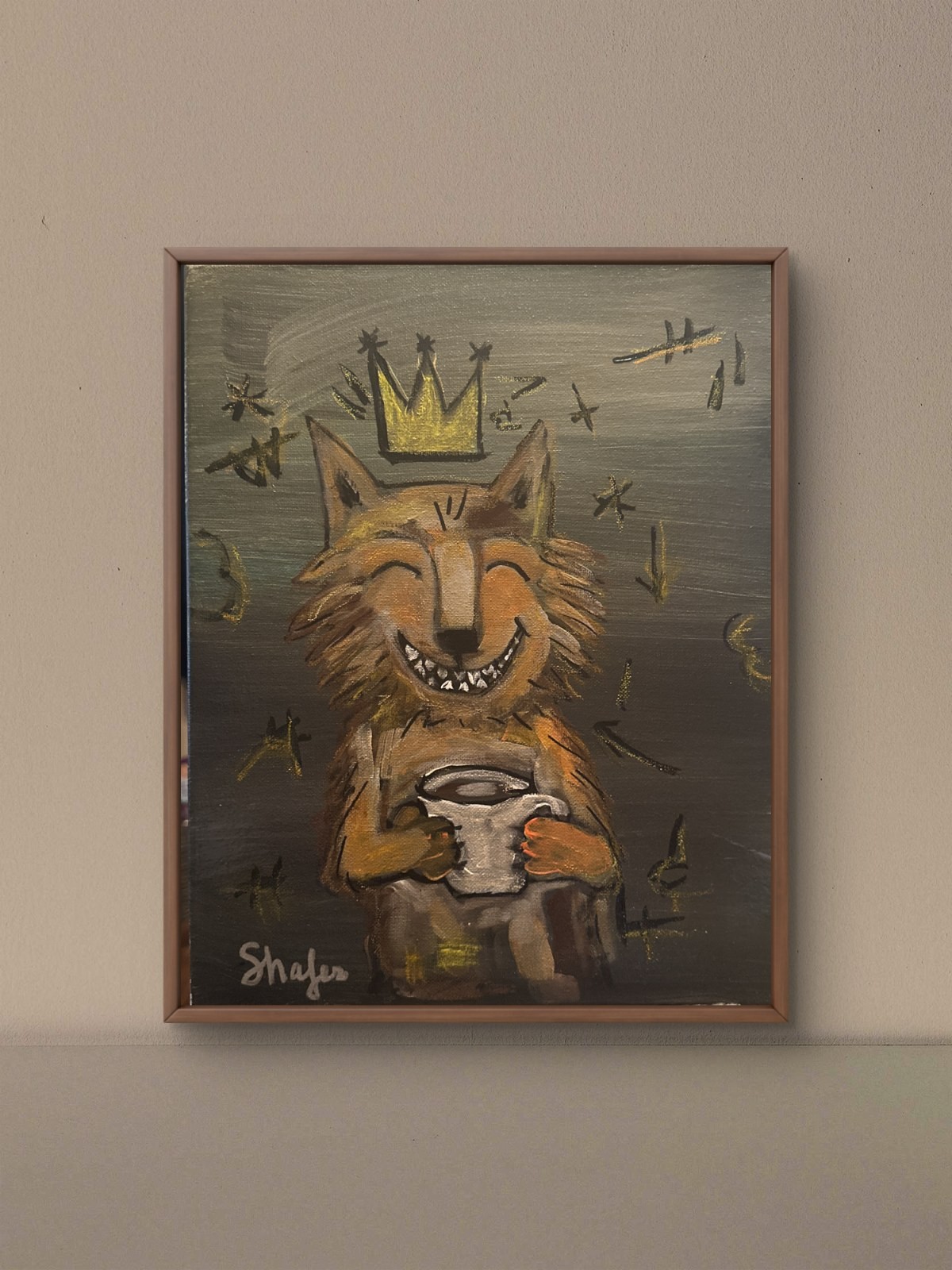 Shafer Original 11x14 Expressionist Crowned Fox Coffee Painting Signed Canvas