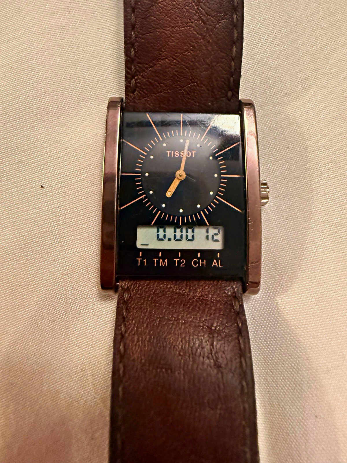 Vintage Tissot Two Timer D377 Analog Digital Quartz Tank Watch Brown- working Vintage Tissot Two Timer D377 Analog Digital Quartz Tank Watch Brown- working