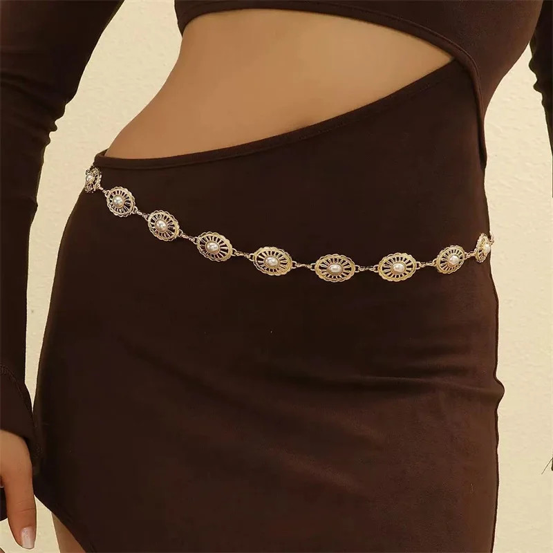 Chaîne de taille géométrique sculptée florale rétro pour femmes, tendance, métal