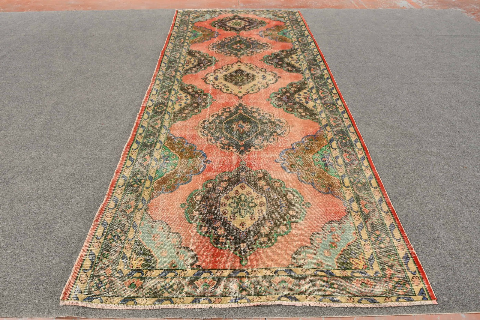 4,8x12,6 ft Rug, Turkish Vintage Rug, Red Green Oriental Rug