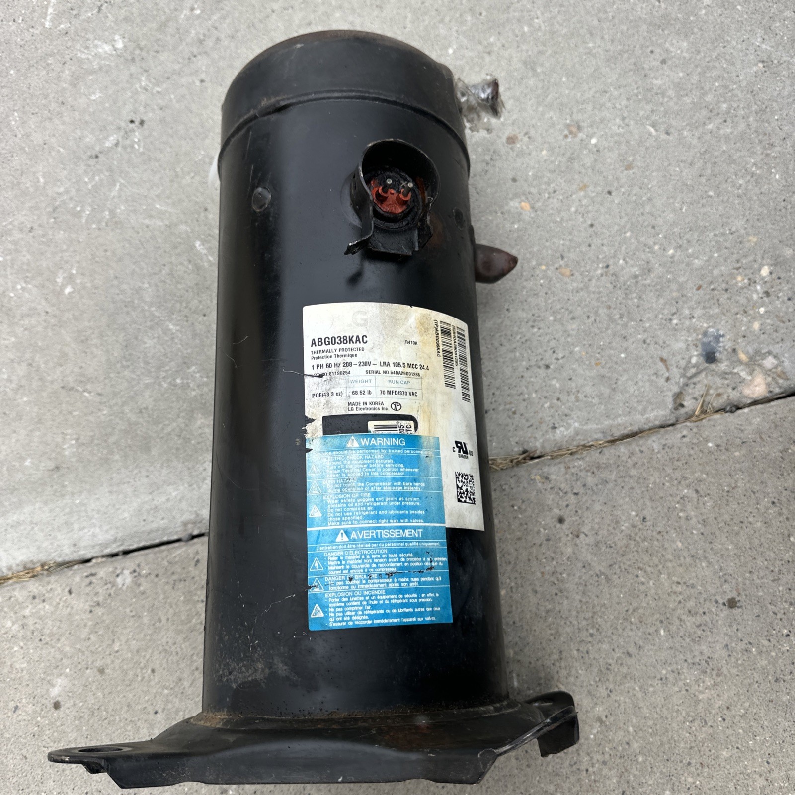 LG ABG038KAC 38,000 230/1/60 R-410A SCROLL A/C COMPRESSOR LG ABG038KAC 38,000 230/1/60 R-410A SCROLL A/C COMPRESSOR