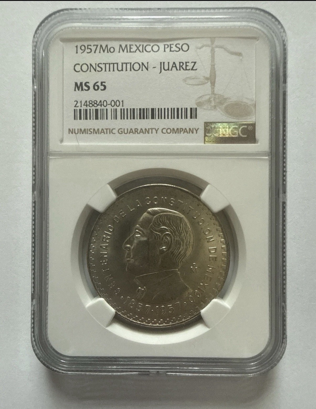 1957 MO MEXICO UN PESO NGC MS65 CONSTITUTION JUAREZ SILVER COIN 1957 MO MEXICO UN PESO NGC MS65 CONSTITUTION JUAREZ SILVER COIN
