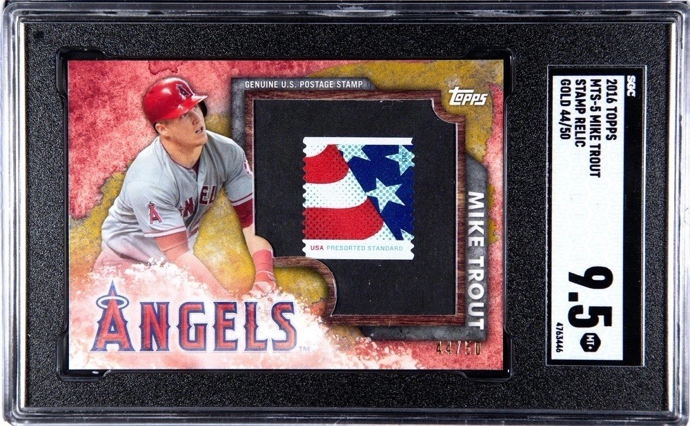2016 TOPPS BASEBALL SP MIKE TROUT POSTAGE STAMP GOLD /50 MTS-5 SGC 9.5 2016 TOPPS BASEBALL SP MIKE TROUT POSTAGE STAMP GOLD /50 MTS-5 SGC 9.5